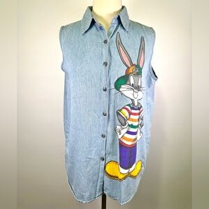 Vintage 90s Bugs Bunny Denim Vest Shirt Jerry Leigh Looney Tunes USA Large